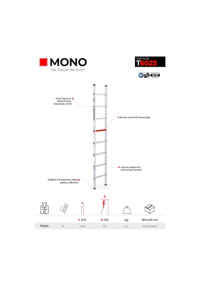 Çağsan T6025 8 Basamaklı Mono Tek Parçalı Alüminyum Merdiven