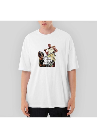 Grand Theft Auto Five Dog And Man Oversize Beyaz Tişört Beyaz