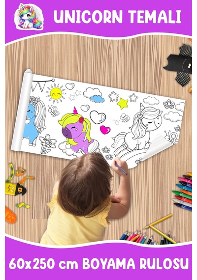 Melolisa Unicorn Temalı Dev Boyama Rulosu Bebek Ve Çocuk Için Eğitici 60x250 Cm Aktivite Kağıdı