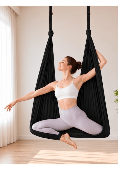 Yoga Hamağı Fly Salıncağı Yükseklik Ayarlanabilir Antigravity Esnek Askılı Denge Spor Aleti Pilates Fitness Denge Esneme Gerdirme Gelişim Siyah