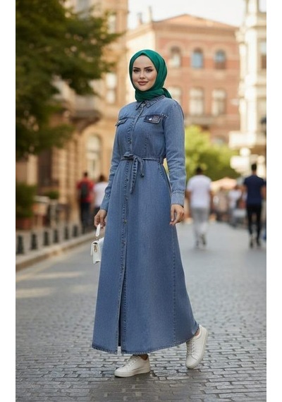 Hb Harma Time Butik Kadın Boncuk İşlemeli Düğmeli Kuşaklı Kot Mavi Elbise