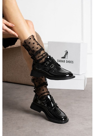 Dabab Shoes Elvan Kadın Siyah Rugan Küt Burun Çift Toka Detaylı Kalın Taban Loafer Ayakkabı