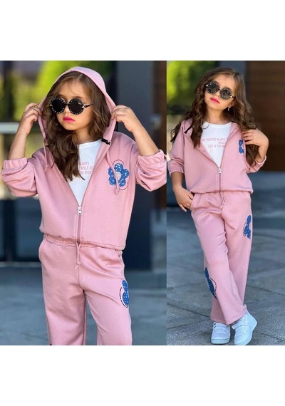 Kız Çocuk 3 Parça Kapüşonlu Sweatshirt & Çiçek Desenli Eşofman Takımı 6431py Pembe