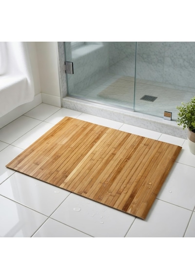 Bambu Banyo Matı, Kaydırmaz Tpe Tabanlı, Suya Dayanıklı, Rulo Yapılabilir, 45x68 Cm, Banyo Ve Mutfak İçin 000 Açık Krem