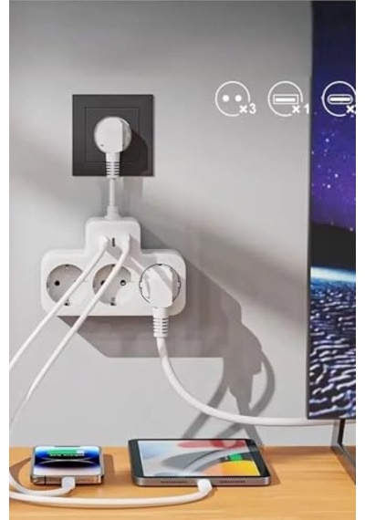 Çoklu Kablolu Priz Çoğaltıcı Priz Dönüştürücü 1usb 2type C Girişli Yüksek Akım Korumalı Fiş