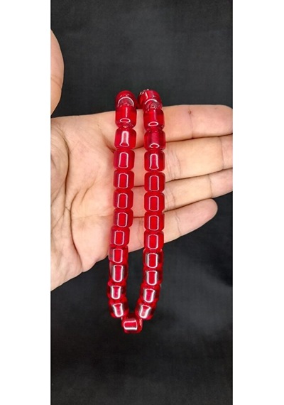 Sevgiliye Özel Hediye Çubuk Kehribar Tesbih Kırmızı Renk Kapsül Kesim H-1442.