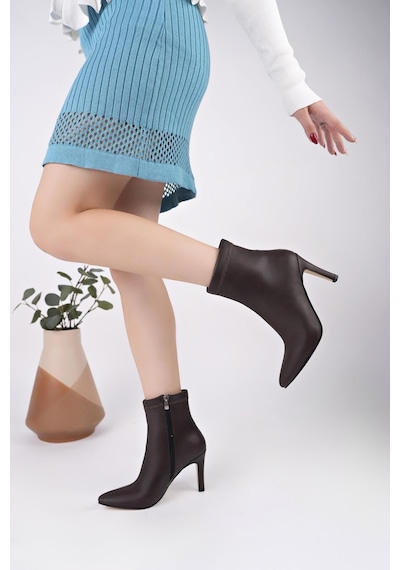 Nesilshoes Nesil Shoes Uraz 420 Kahve Fermuarlı İnce Topuklu Kadın Bot