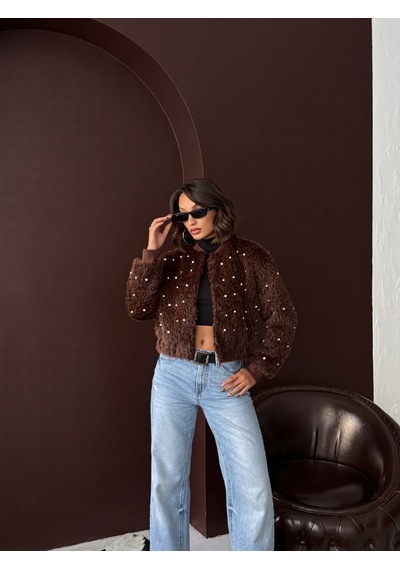 Verymoda Suni Kürk Bomber Ceket - İnci Detaylı Kahve