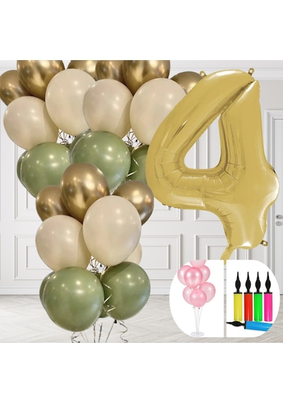 4 Yaş Balon Standlı Ve Pompalı Retro Küf Yeşili Krom Gold Kum Beji Balon Seti Gold Rakam Süsleme Çok Renkli
