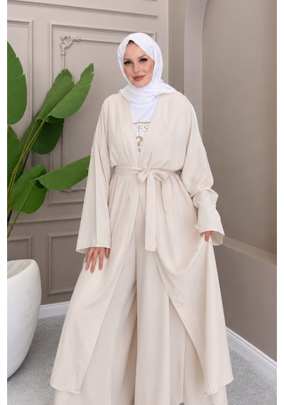 Balenbi Kadın Kuşaklı Kimono Hırka Bol Paça Pantolon Takım Tesettür 2'li Kombin 1230 Taş