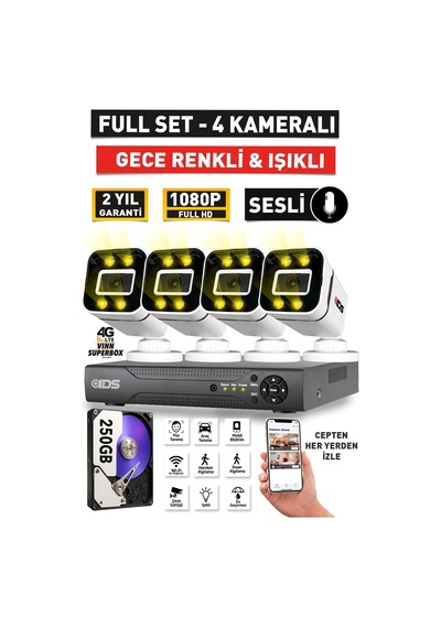 Sesli - 4 Kameralı Fullhd Gece Renkli Ve Işıklı Güvenlik Kamerası - Kamera Seti 250gb Disk