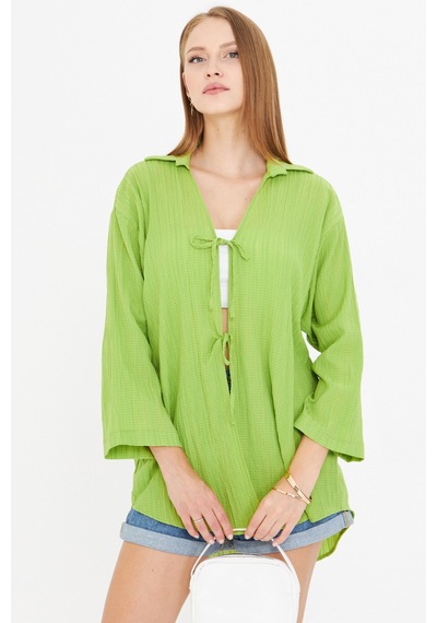 Armonika Kadın Fıstık Yeşili Gömlek Yakalı Önden Bağcıklı Kimono Gömlek Arm-25k001006
