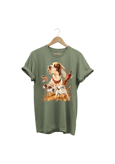 Avcılık Desenli Av Köpeği Ingiliz Pointer Setter Sülün Vahşi Yaşam Baskılı Regular Fit Haki T-shirt Haki