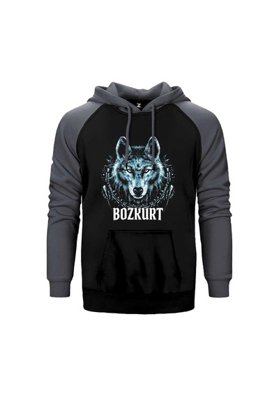 Buz Mavisi Bozkurt Başı Yazılı Baskılı Gri Renk Reglan Kol Sweatshirt / Hoodie