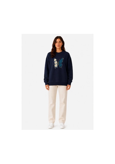 Herkesemoda Kelebekbaskı Detaylı Şardonlu 2 İplik Bisiklet Yaka Sweatshirt Lacivert