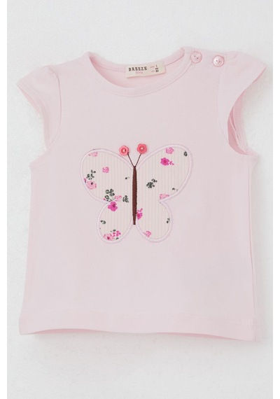 Breeze Kız Bebek Şortlu Takım Çiçek Baskılı Kelebek Nakışlı Düğme Aksesuarlı 6 Ay-2 Yaş, Pembe Pembe