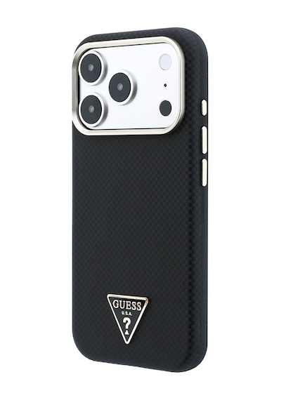 Apple iPhone Uyumlu 18 Pro Kılıf Guess Lisanslı M-safeli Pu Metal Üçgen Logolu Karbon Fiber Kevlar Kapak Siyah