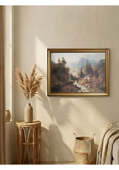 Klasik Gold Çerçeveli Dağ Manzaralı Tablo Orman Ve Dere Lüks Salon Duvar Dekoru 80x60 Cm
