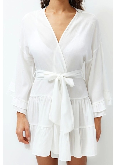 Ersefa Moda Örme Oversize Kalıp Midi V Yaka Büzgülüfırfırlı Kol Crinkle Beyaz