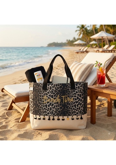 Kadın Leopar Desenli "beach Time" Gold Nakışlı Plaj Çantası - Püsküllü Kanvas Yazlık Omuz Çantası Çok renkli