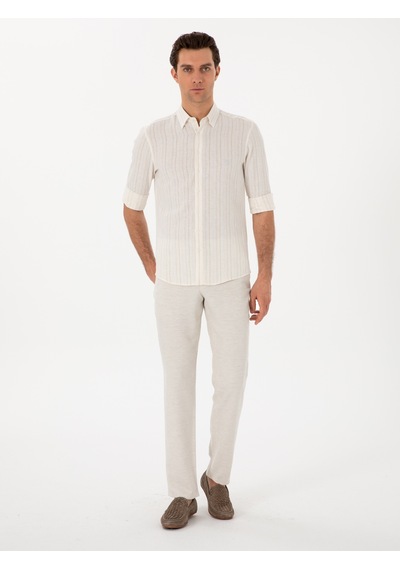 Cacharel Bej Slim Fit Çizgili Keten Karışımlı Gömlek