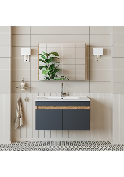 Roomart Lavabolu Atlantik - Antrasit Mat Mdf 85 Cm Banyo Dolabı Atlantik Çam - Antrasit