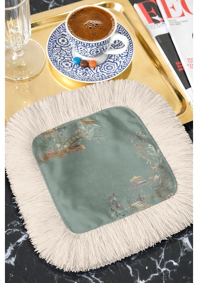 Çin Bahçesi Motifli Püsküllü Sunum Peçetesi - Pastel Yeşil Bohem Krem Püsküllü Bardak Altlığı Mendil Çok Renkli