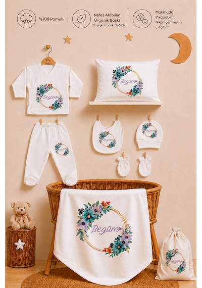 Pia Baby Kız Bebek Hastane Çıkışı Seti 12 Parça %100 Pamuk İsimli Kişiye Özel Organik Baskılı Kıyafet Keseli 102611kyx Ekru
