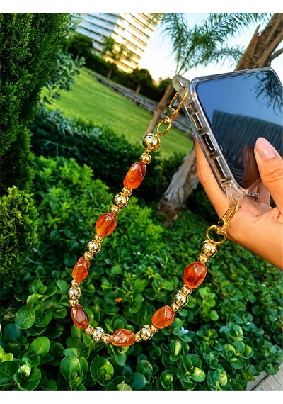 Iconic Amber Altın Telefon Askısı, Boncuklu Telefon Charmı Ve Çanta Aksesuarı