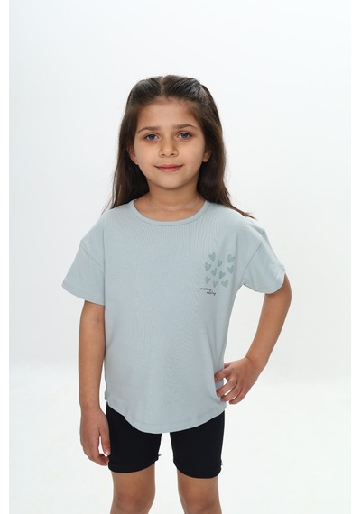 Toontoy Kids Toontoy Kız Çocuk Göğsü Çok Kalp Baskılı Tişört Yeşil