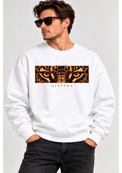 Gıovera Leopard Eyes Premium Oversize Erkek Sweatshirt %100 Pamuk Beyaz