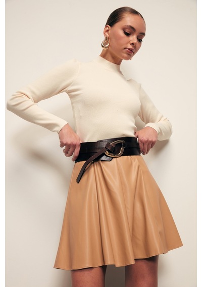 Sateen Mini Deri Etek - Camel