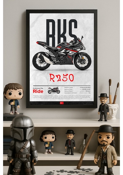 Rks R 250 Siyah Ahşap Çerçeveli Poster, Dekoratif Motosiklet Duvar Tablosu