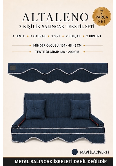 Altaleno 3 Kişilik 164 48 Cm Süngerli Bahçe Balkon Salıncak Minderi Yıkanabilir Kılıflı, Tenteli Keten Kumaş Tekstil Seti 24 Dns 8 Cm Orta Sert Sünger Mavi