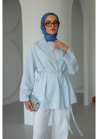 Moonsc Keten Kimono Kemerli Mavi