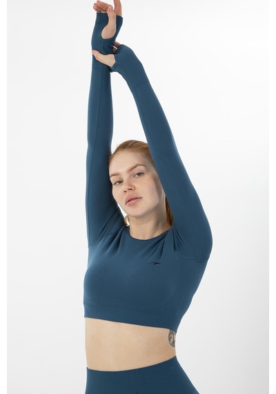 Maraton Active Slimfit Kadın Bisiklet Yaka Uzun Kol Training Mavi Crop Top 816005 Mavi