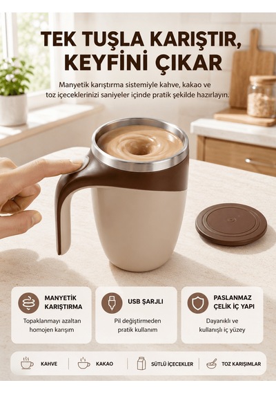 Manyetik Karıştırıcı Kupa Usb Şarjlı Otomatik Karıştırma Çift Katmanlı Siyah