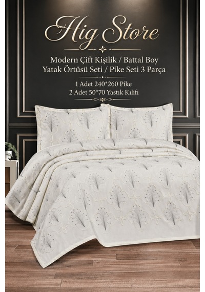 Mihrimah Modern Şönil Jakarlı Çeyizlik Çift Kişilik Battal Boy Pike Örtüsü Seti / Yatak Örtüsü Seti 3 Parça Altın