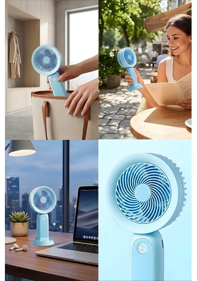 Şarjlı Taşınabilir Mini El Fanı 3 Kademeli Hız Ayarlı Telefon Standlı Vantilatör Mavi