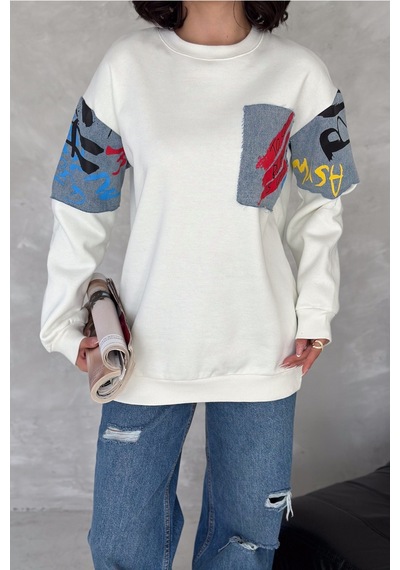 Femelle Kadın Beyaz Kot Detaylı İçi Pamuklu Sweatshirt - S76