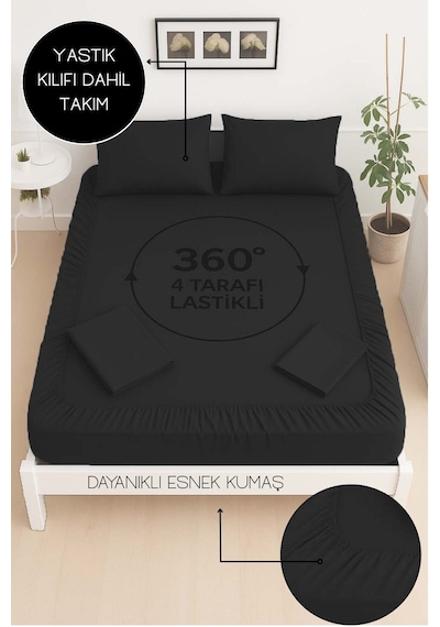 Mirava Premium %100 Pamuk Penye Lastikli Tek Kişilik Çarşaf Takımı 1 Yastık Kılıfı Dahil Siyah 120x200cm Siyah