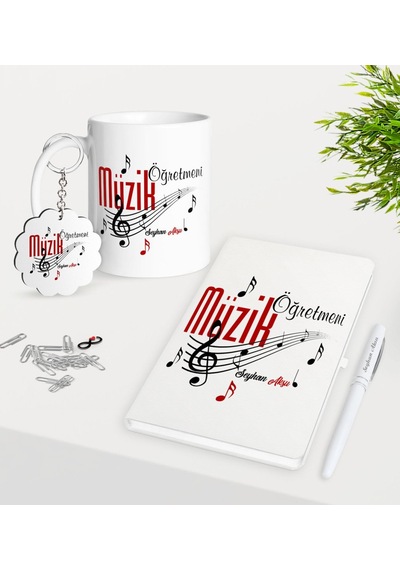 Kişiye Özel Müzik Öğretmeni Kupa Anahtarlık Beyaz Defter Kalem He