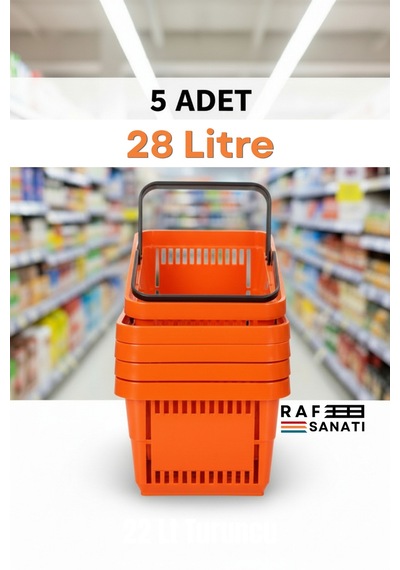 5 Adet - 28 Litre Plastik Market Alışveriş Sepeti Saplı Dayanıklı Market Mağaza El Sepeti Turuncu
