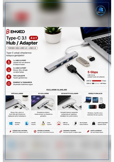 Type-c Hub Adaptör 4 Port Usb 3.0 Ve 2.0 Anahtarlı Dizüstü Bilgis