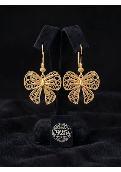 925 Ayar Geleneksel Telkari El İşçiliği Gold Fiyonk Kurdele Sallantılı Kanca Gümüş Küpe 34783797