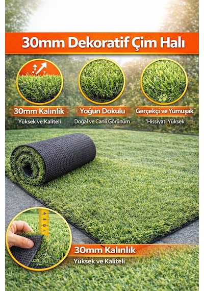 30mm Dekoratif Çim Halı Doğal Görünüm, Konforlu Kullanım 200 x 250
