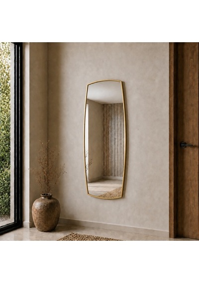 Modern Banyo Aynası 40x120 Cm Asimetrik Minimalist Dekoratif Duvar Aynası Altın