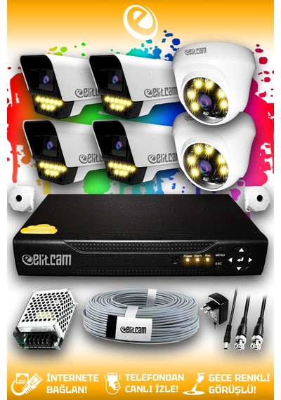 Elitcam 6 Kameralı Süper 2 İç Kamera Set HDD'siz 5 MP 2K Net Renkli Gece Görüşlü Güvenlik Kamerası Sistemi