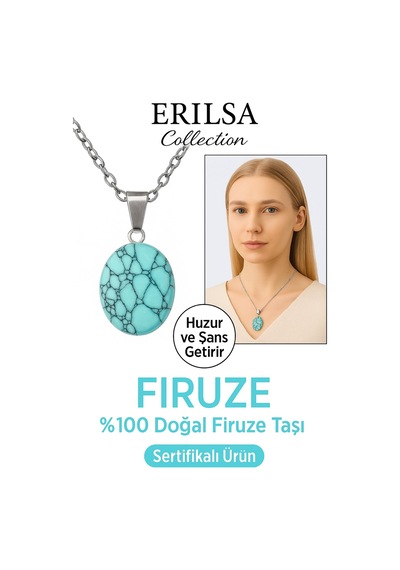 Erilsa Sertifikalı Aaa+ Oval Firuze Turkuaz Taşı Kolye - Gümüş Aparat Na Çok Renkli