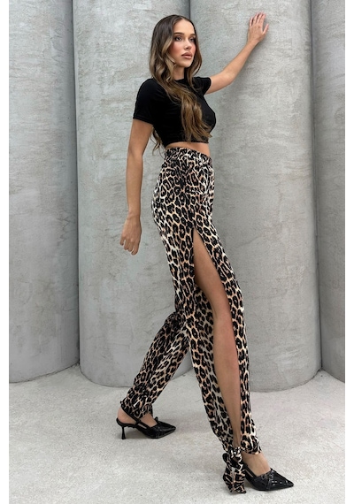 Lesa Wear Leopar Desenli Yumuşacık Yüksel Bel Likralı Yırtmaç Detaylı Jarse Pantolon Flared Leopar